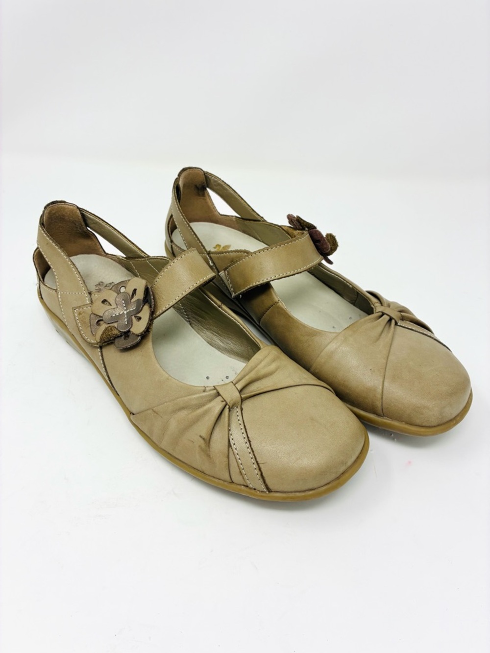 Rieker Women’s Tan Genuine Leather Mary Jane Flats with Floral Accent